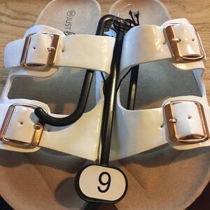 Just Be Glossy White Sandals with Gold Accents